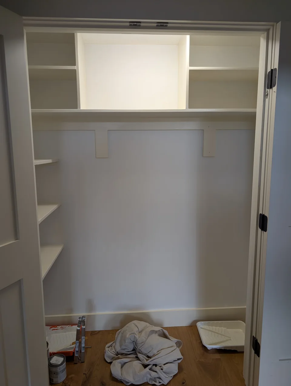 Painted closet shelves with overhead compartments and side storage.